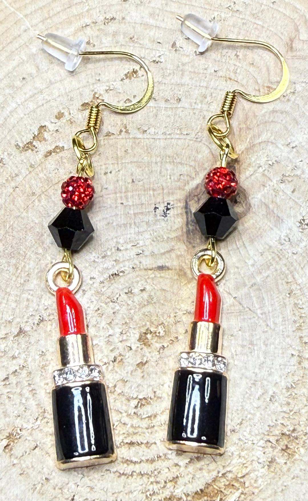 NEW Red Lipstick Charm Earrings w/ Red Rhinestones & Glass Beads