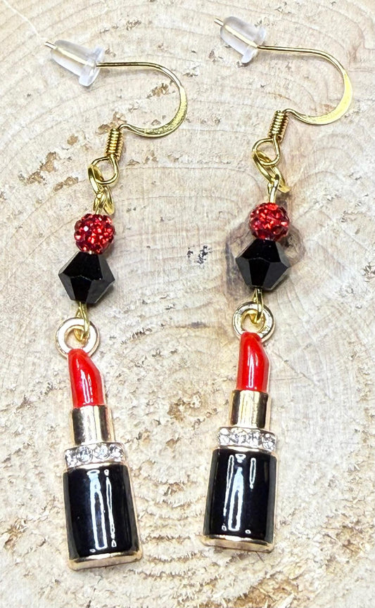 NEW Red Lipstick Charm Earrings w/ Red Rhinestones & Glass Beads