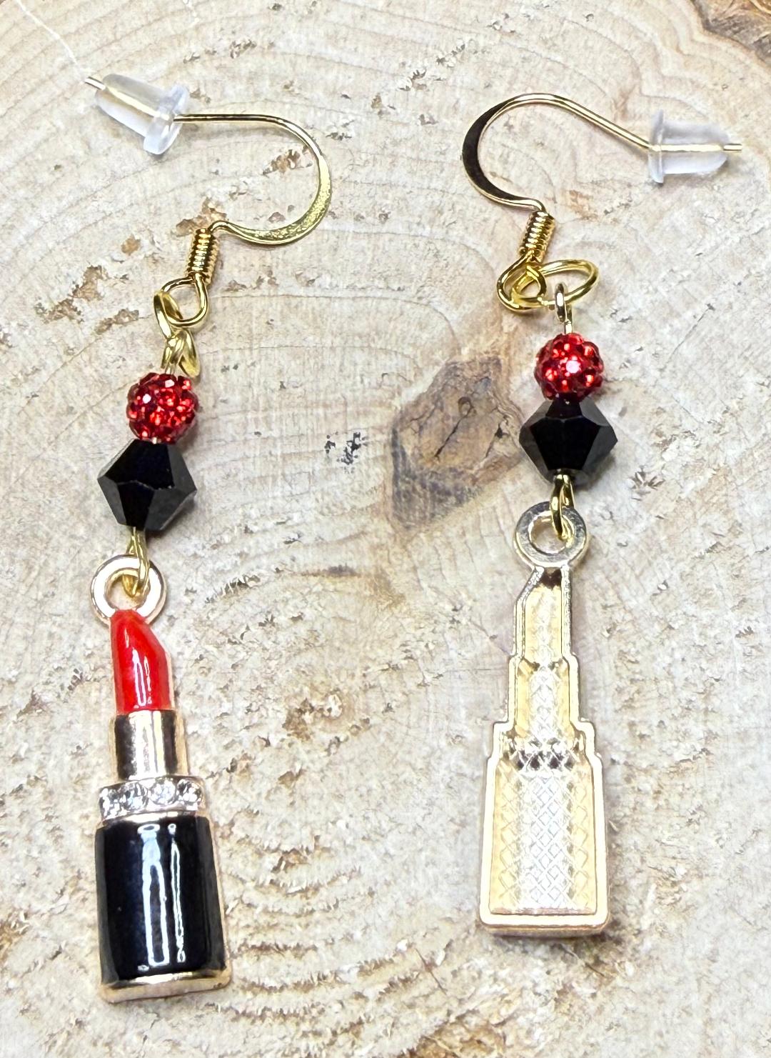 NEW Red Lipstick Charm Earrings w/ Red Rhinestones & Glass Beads