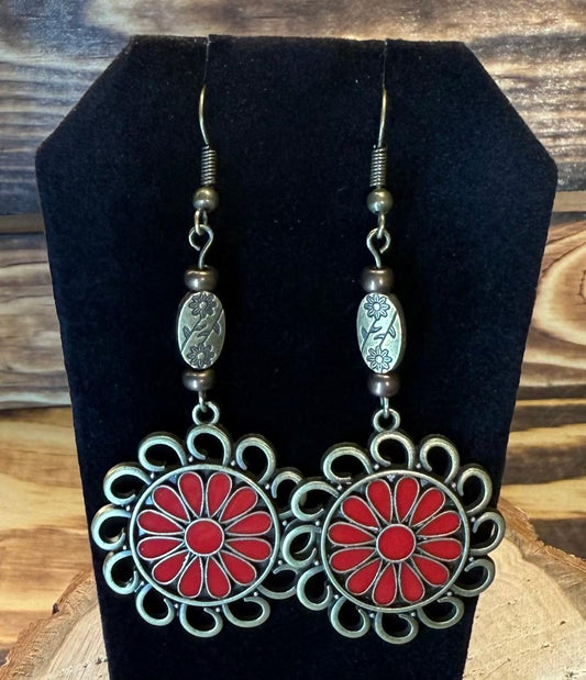 NEW Bronze Circle Charm Flower Earrings w/ Red Enamel