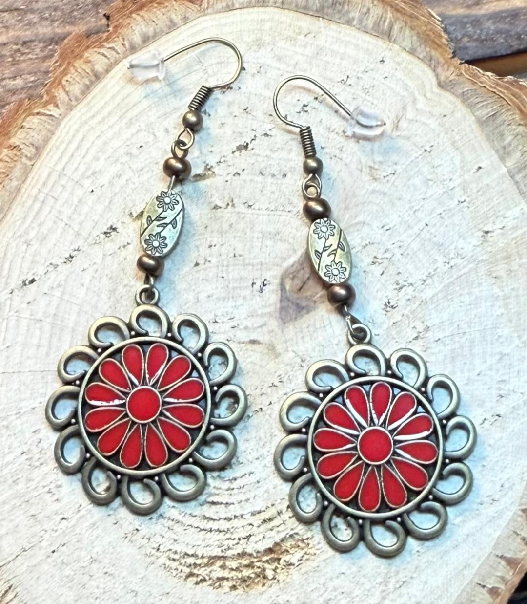 NEW Bronze Circle Charm Flower Earrings w/ Red Enamel