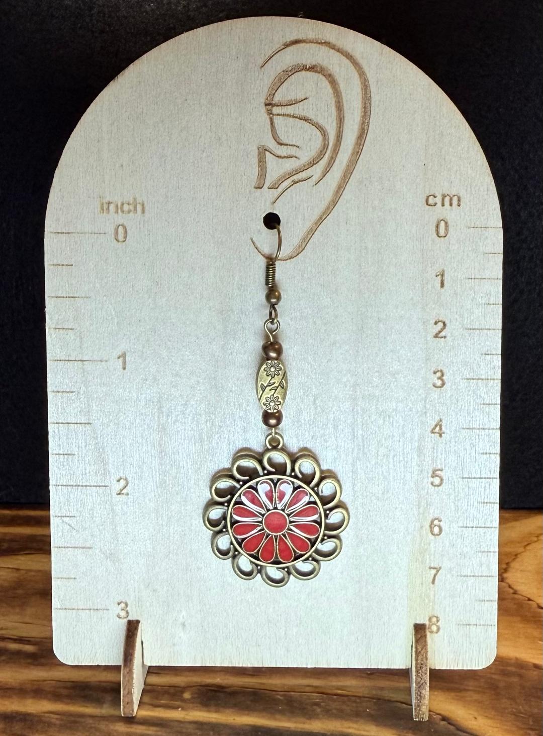 NEW Bronze Circle Charm Flower Earrings w/ Red Enamel