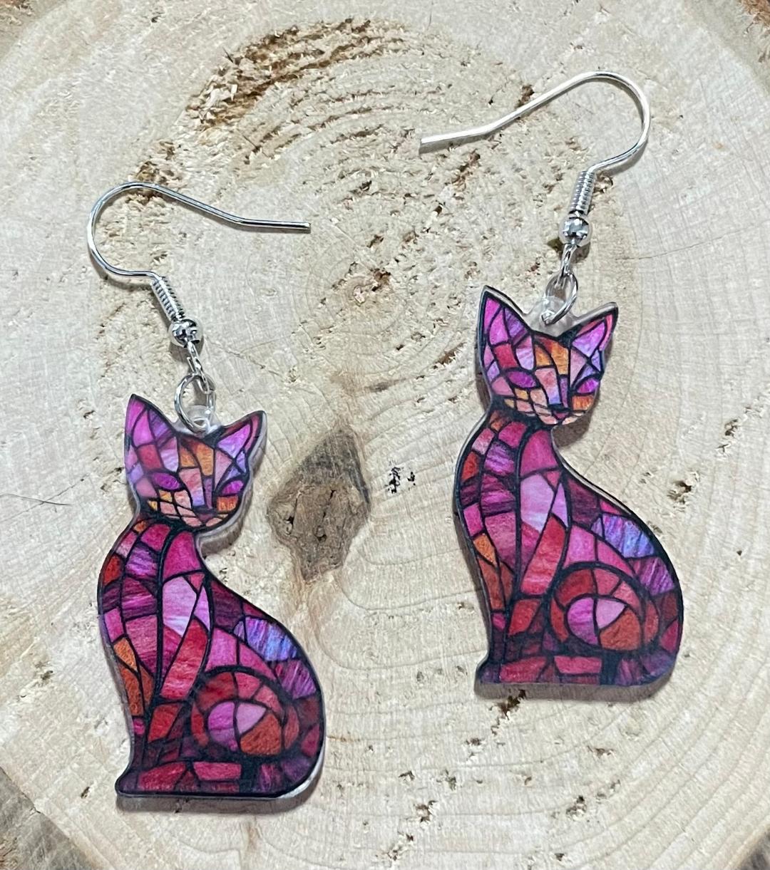 NEW Stained Glass Style Acrylic Red Cat Earrings