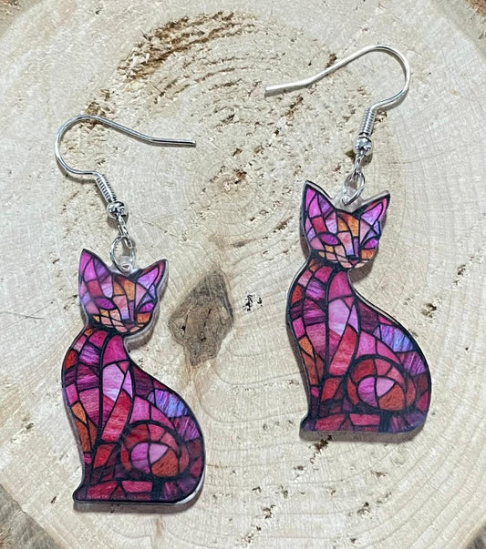 NEW Stained Glass Style Acrylic Red Cat Earrings
