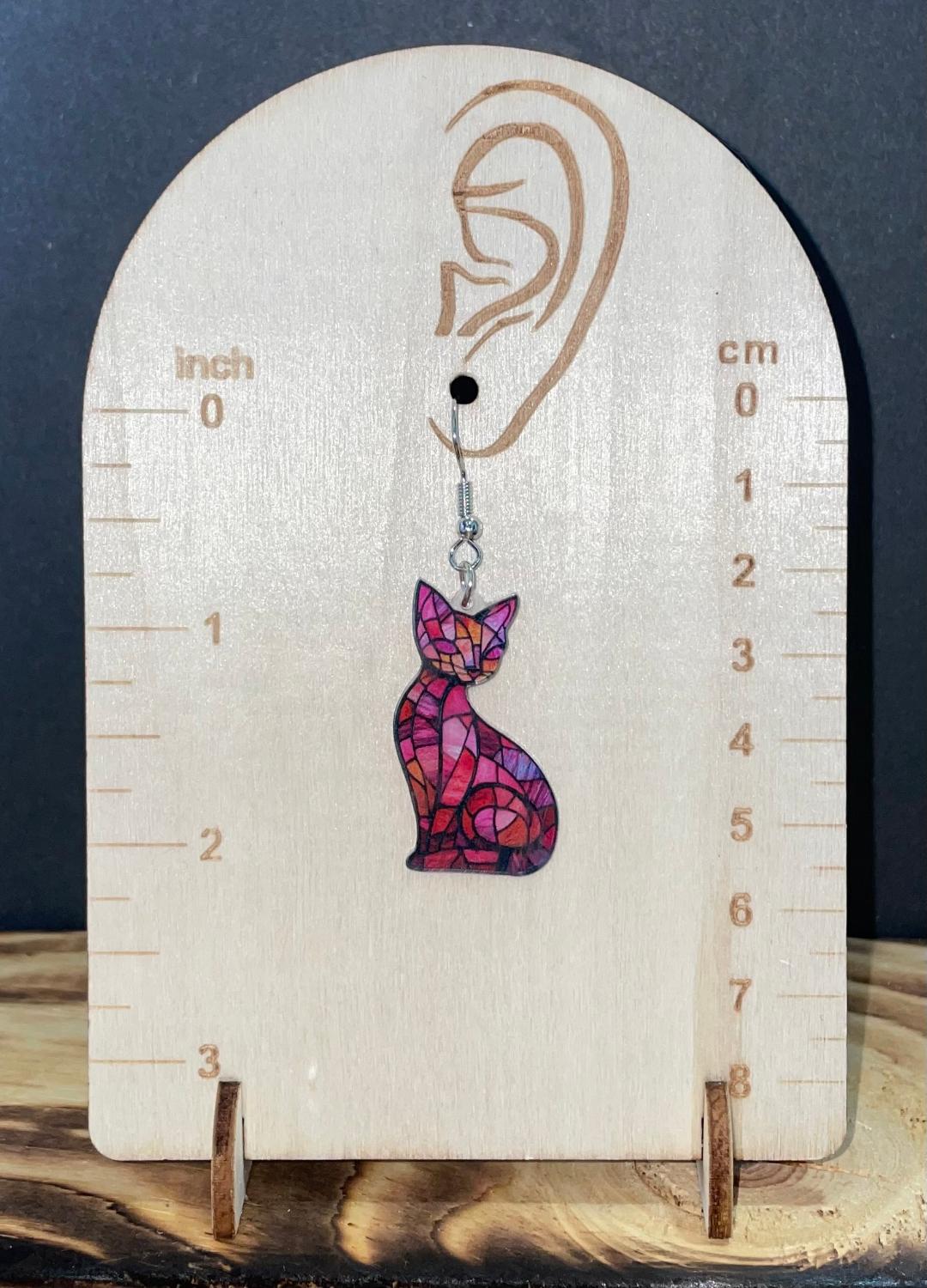 NEW Stained Glass Style Acrylic Red Cat Earrings