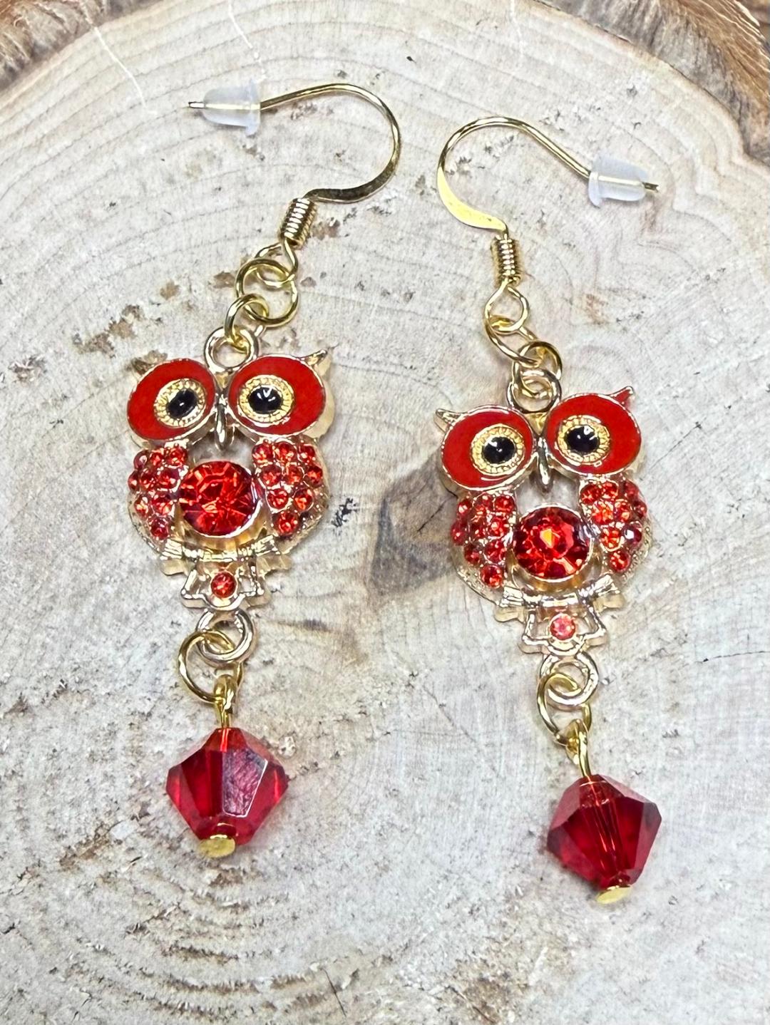 NEW Red Rhinestone Owl Charm Earrings w/ Glass Red Beads