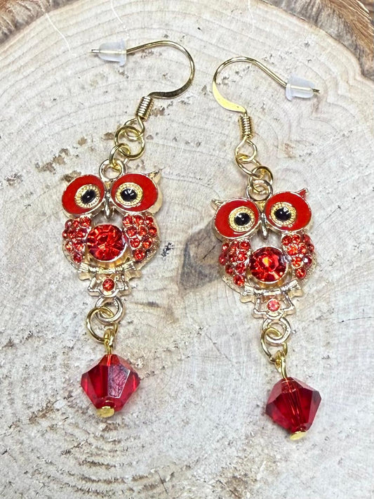 NEW Red Rhinestone Owl Charm Earrings w/ Glass Red Beads