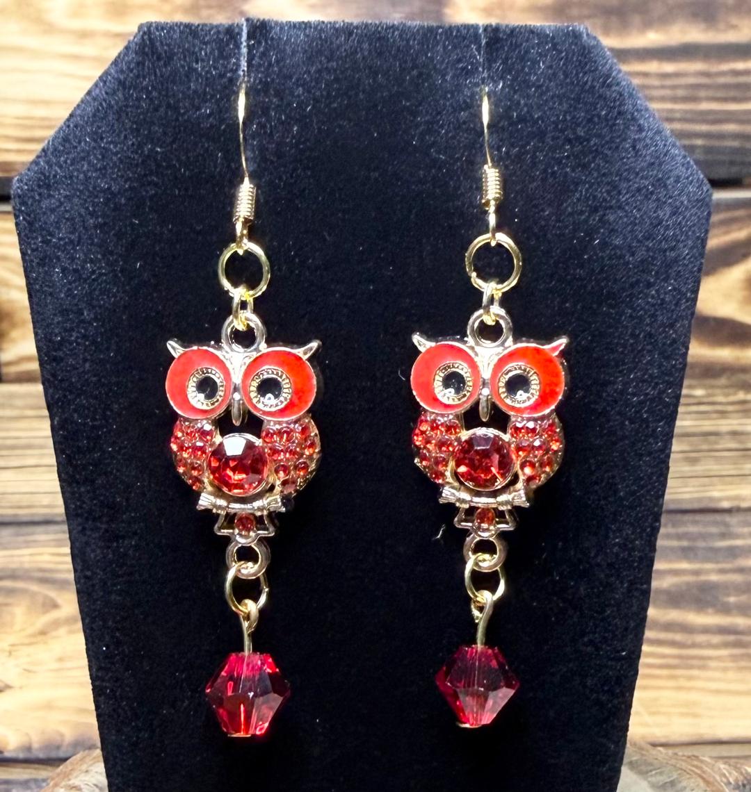 NEW Red Rhinestone Owl Charm Earrings w/ Glass Red Beads