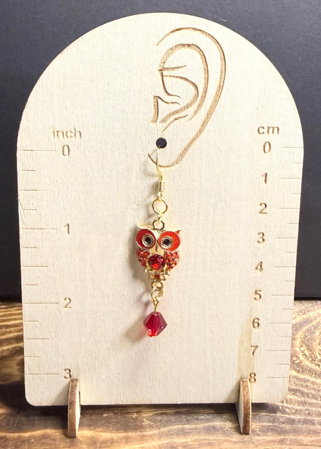 NEW Red Rhinestone Owl Charm Earrings w/ Glass Red Beads