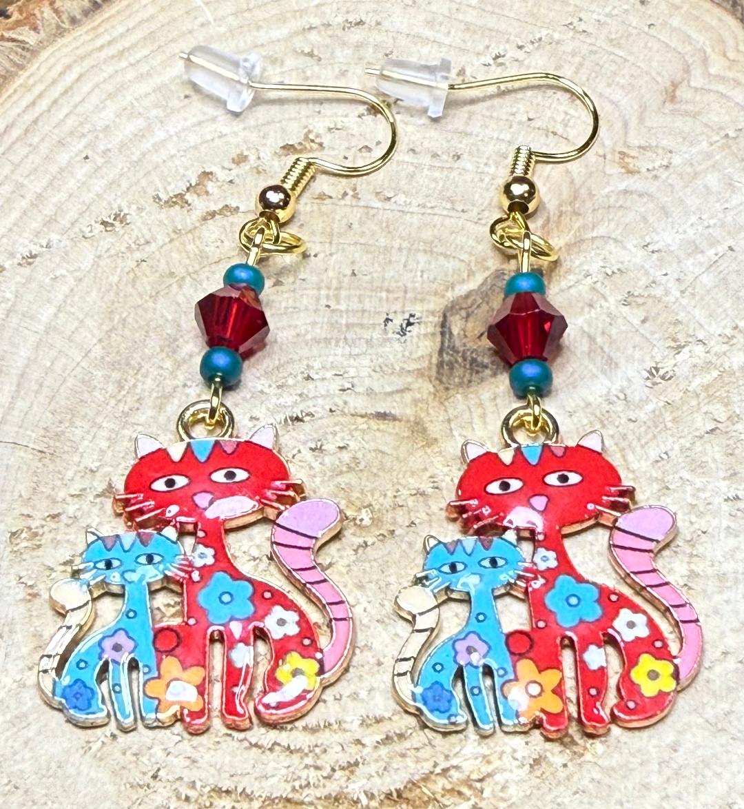 NEW Floral Enamel Cat with Kitten Earrings in Red & Teal w/ Glass Beads