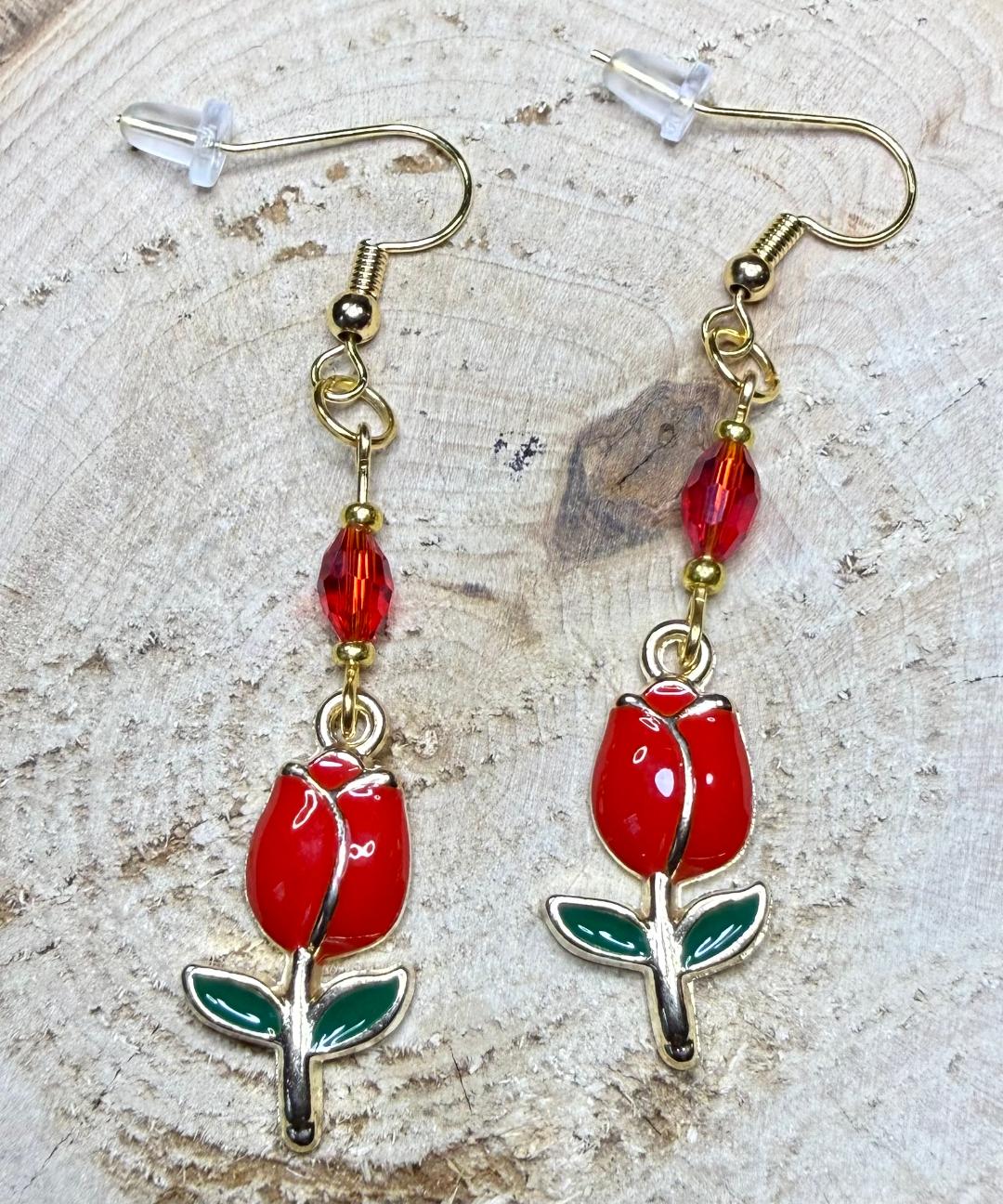 NEW Tulip Earrings in Red Enamel w/ Glass Beads