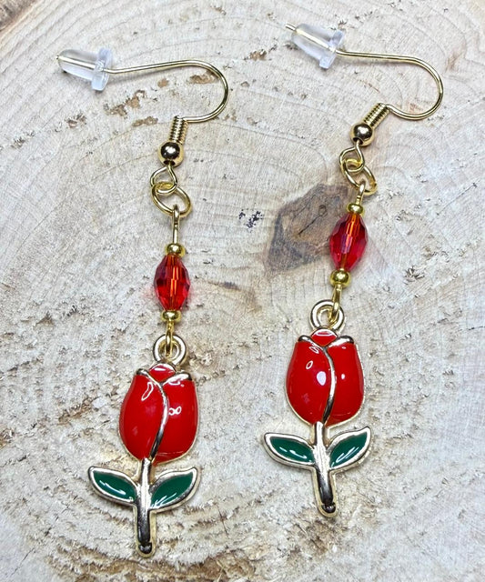 NEW Tulip Earrings in Red Enamel w/ Glass Beads