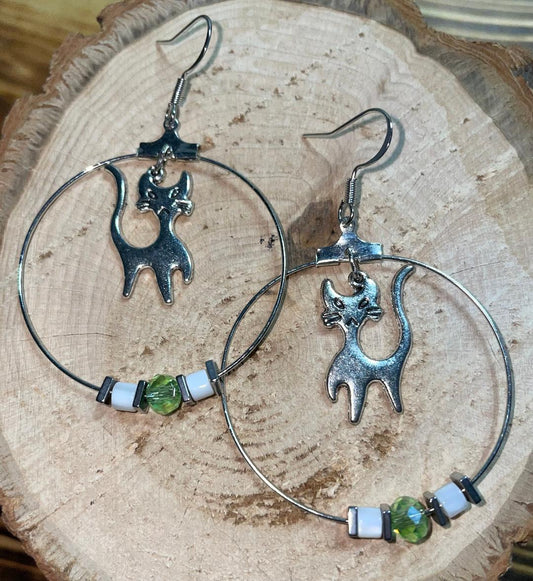 NEW Silver Tone Hoop Earrings w/ Retro Cat & Beads