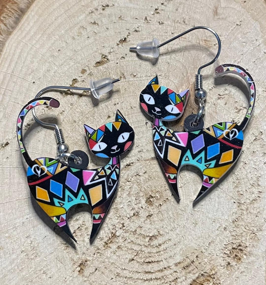 NEW Retro Mexican Art Style Acrylic Cat Earrings