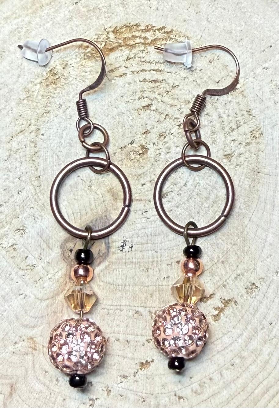 NEW Sparkling Rose Gold Rhinestone Ball Charm Earrings w/ Faceted Beads