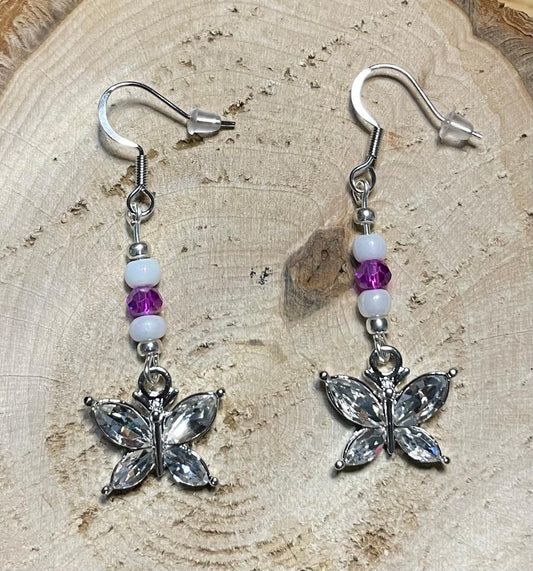NEW Clear Rhinestone Butterfly Earrings w/ Hot Pink & White Beads