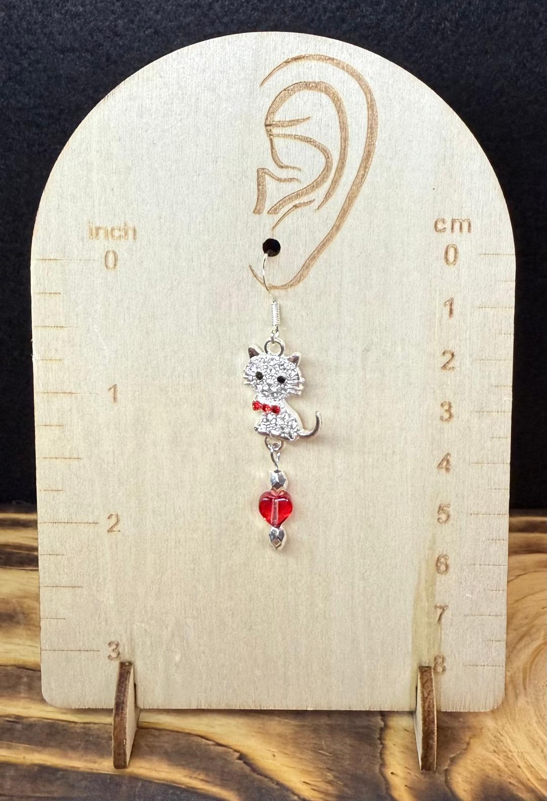 NEW Clear & Red Rhinestone Cat Earrings w/ Heart Beads
