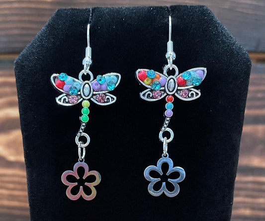 NEW Dainty Alloy Beaded Rhinestone Dragonfly & Flower Earrings