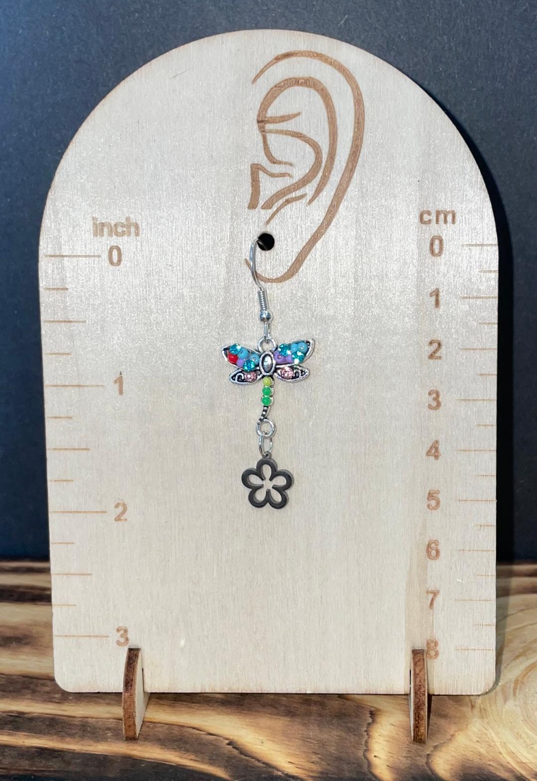 NEW Dainty Alloy Beaded Rhinestone Dragonfly & Flower Earrings