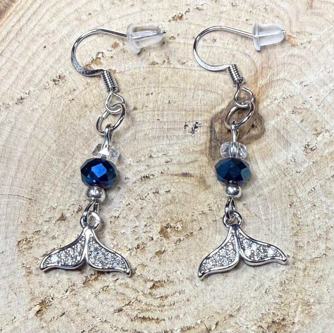 NEW Rhinestone Fish Tail Earrings w/ Royal Blue Faceted Glass Beads