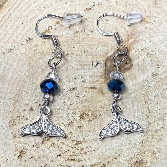 NEW Rhinestone Fish Tail Earrings w/ Royal Blue Faceted Glass Beads