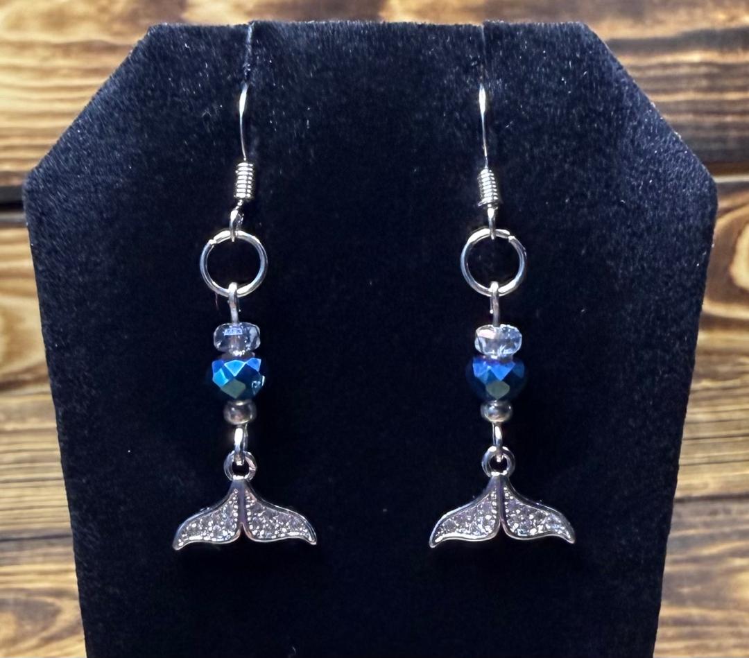 NEW Rhinestone Fish Tail Earrings w/ Royal Blue Faceted Glass Beads