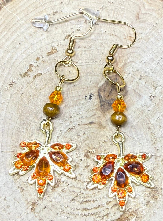 NEW Amber Rhinestone Maple Leaf Earrings w/ Wooden Beads