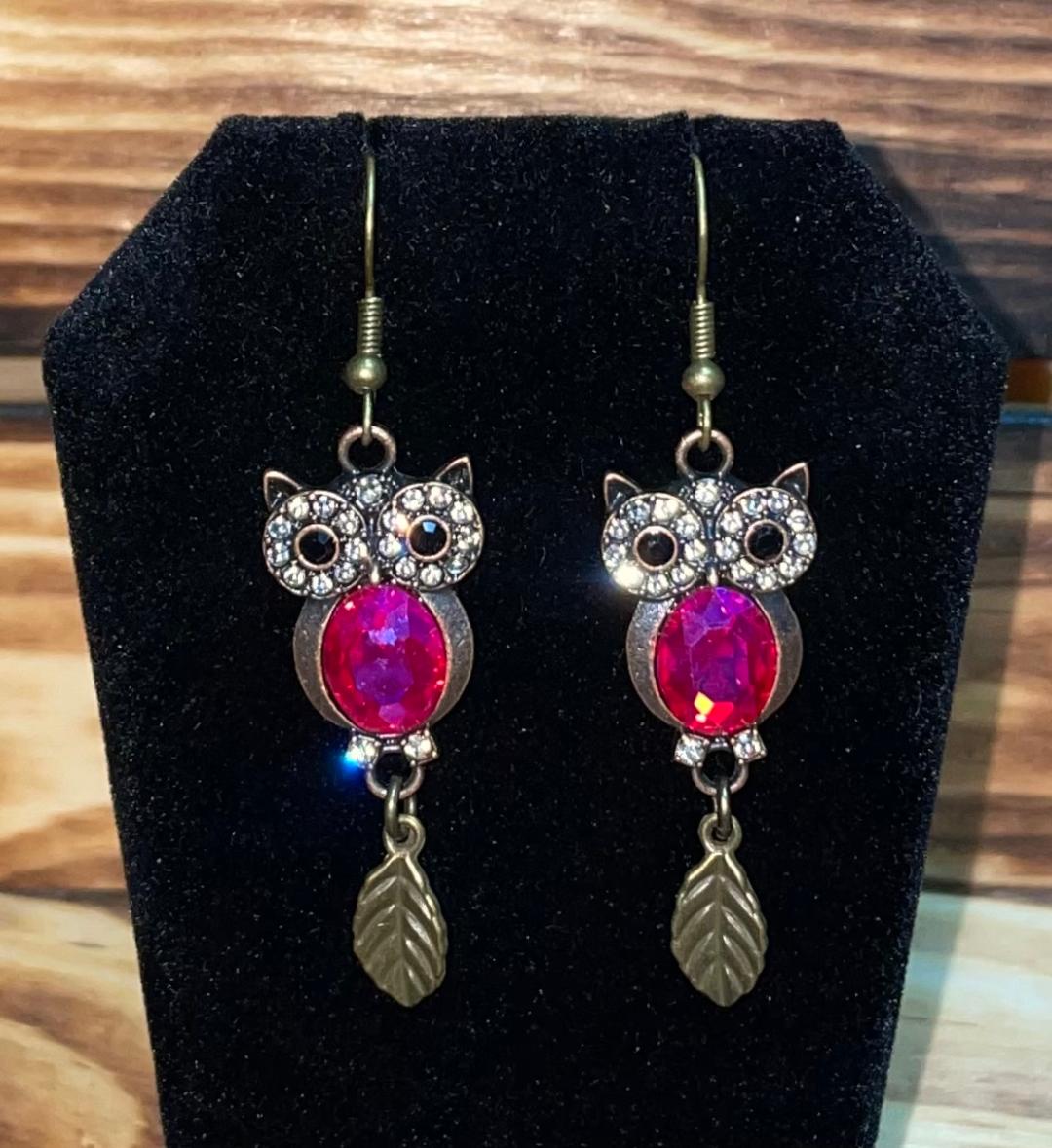 NEW Rhinestone Owl & Leaf Drop Dangle Bronze Tone Earrings