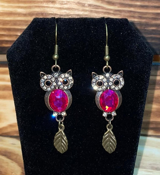 NEW Rhinestone Owl & Leaf Drop Dangle Bronze Tone Earrings
