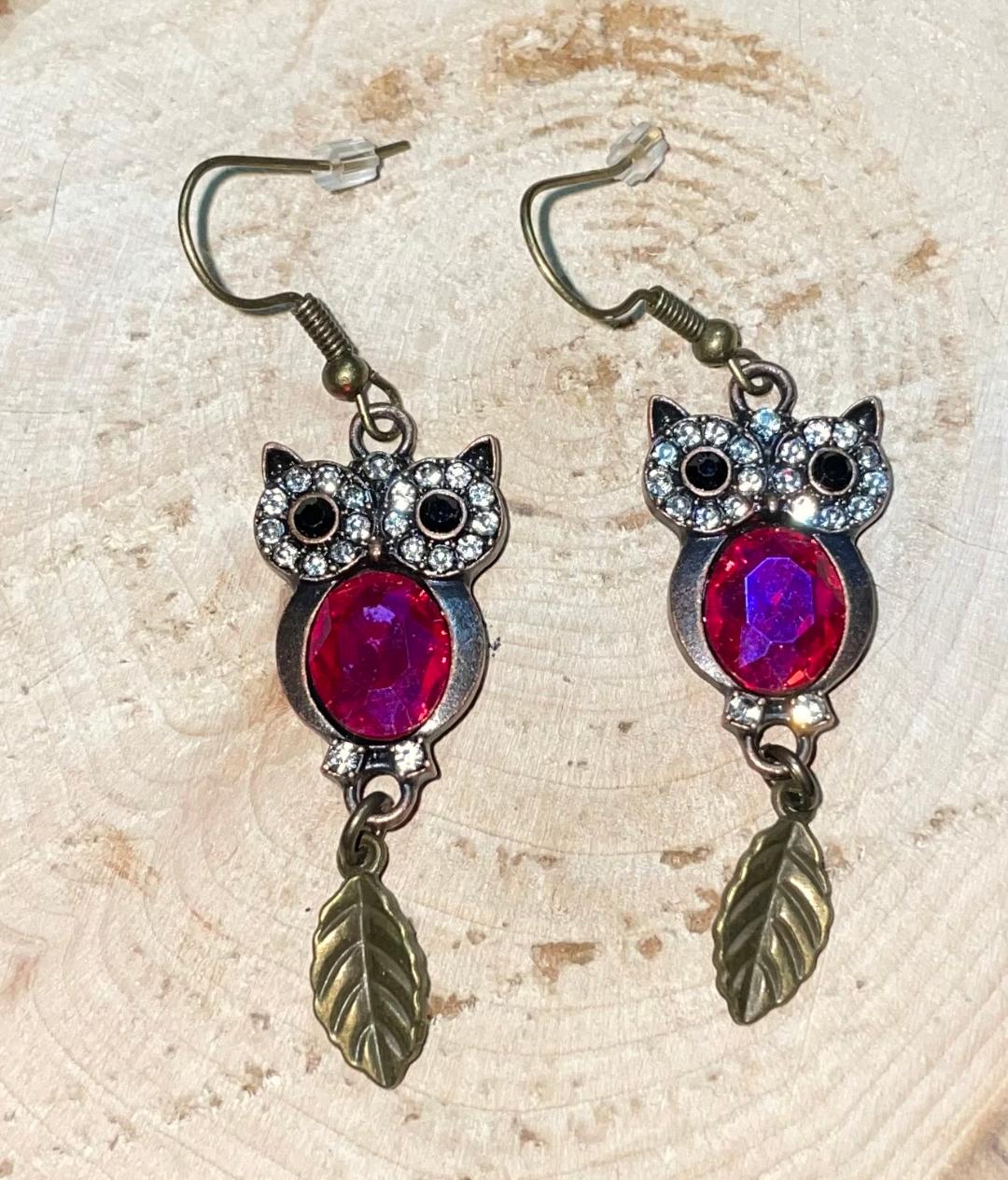 NEW Rhinestone Owl & Leaf Drop Dangle Bronze Tone Earrings