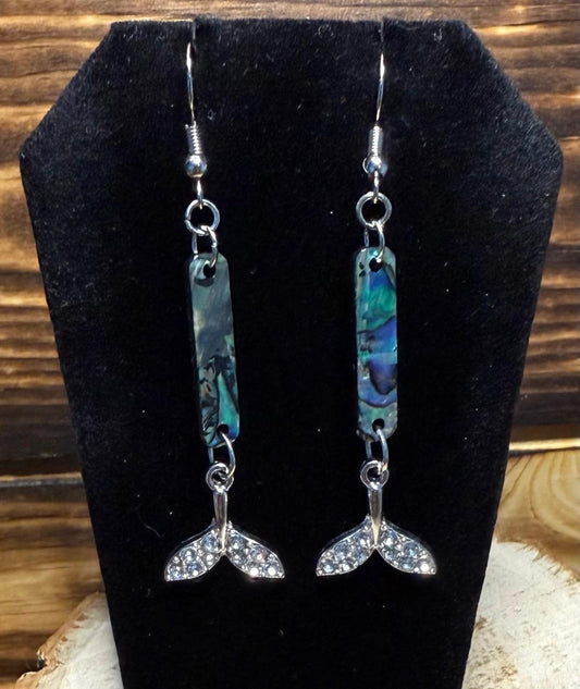NEW Mermaid Rhinestone Fish Tail w/ Abalone Style Finish Charm Earrings