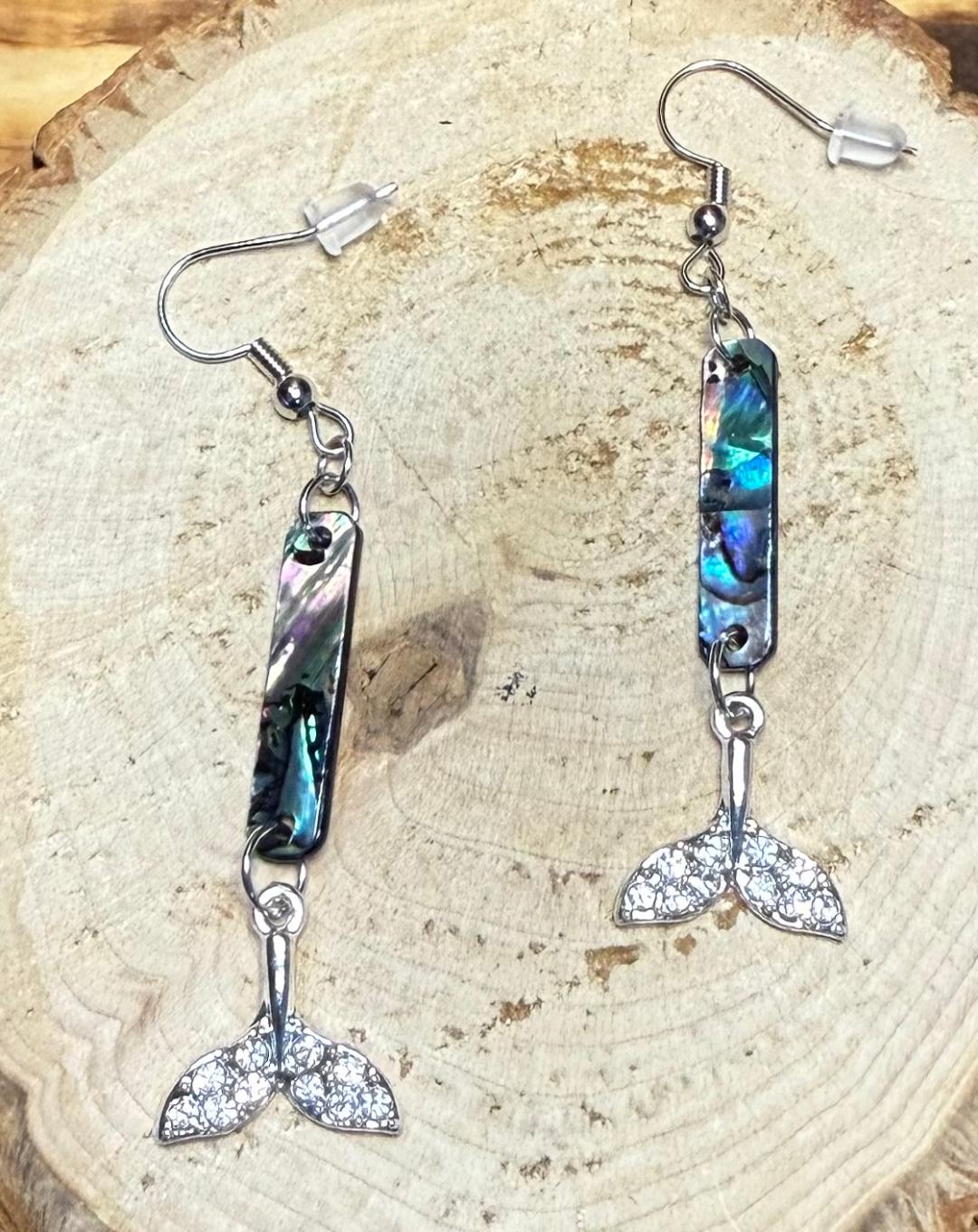 NEW Mermaid Rhinestone Fish Tail w/ Abalone Style Finish Charm Earrings
