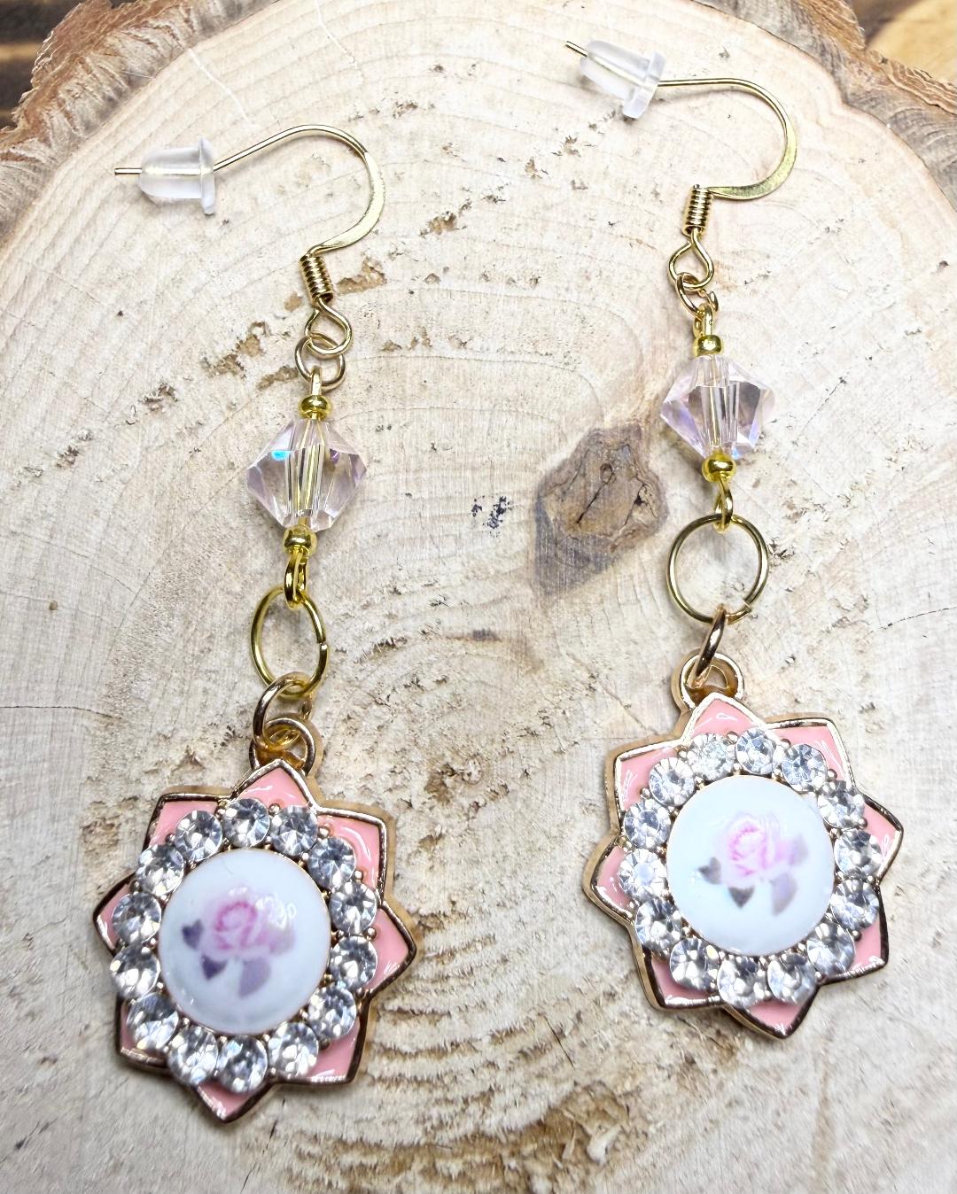 Romantic Rose & Rhinestone Charm Earrings w/ Pink Glass Beads