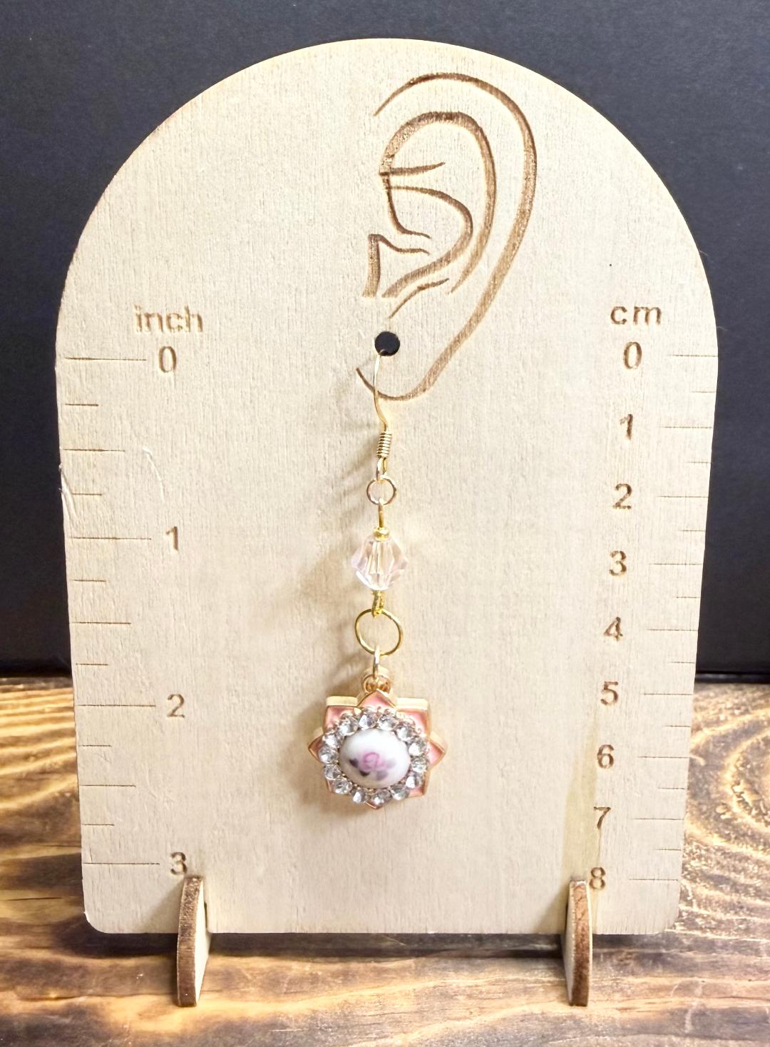 Romantic Rose & Rhinestone Charm Earrings w/ Pink Glass Beads