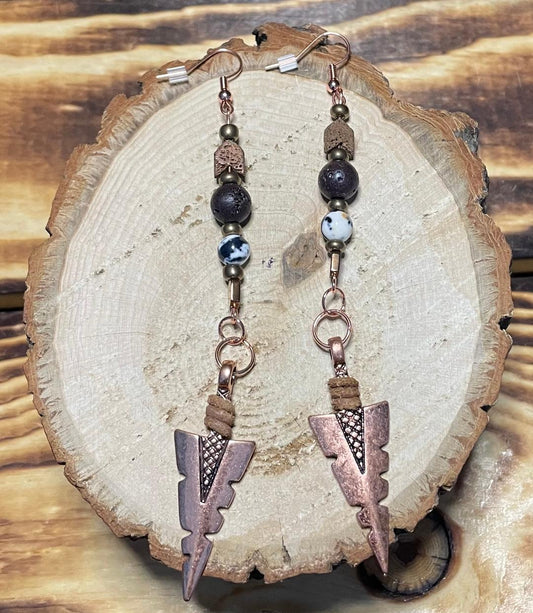 NEW Rose Gold Arrowhead Earrings w/ Granite & Lava Stone Beads