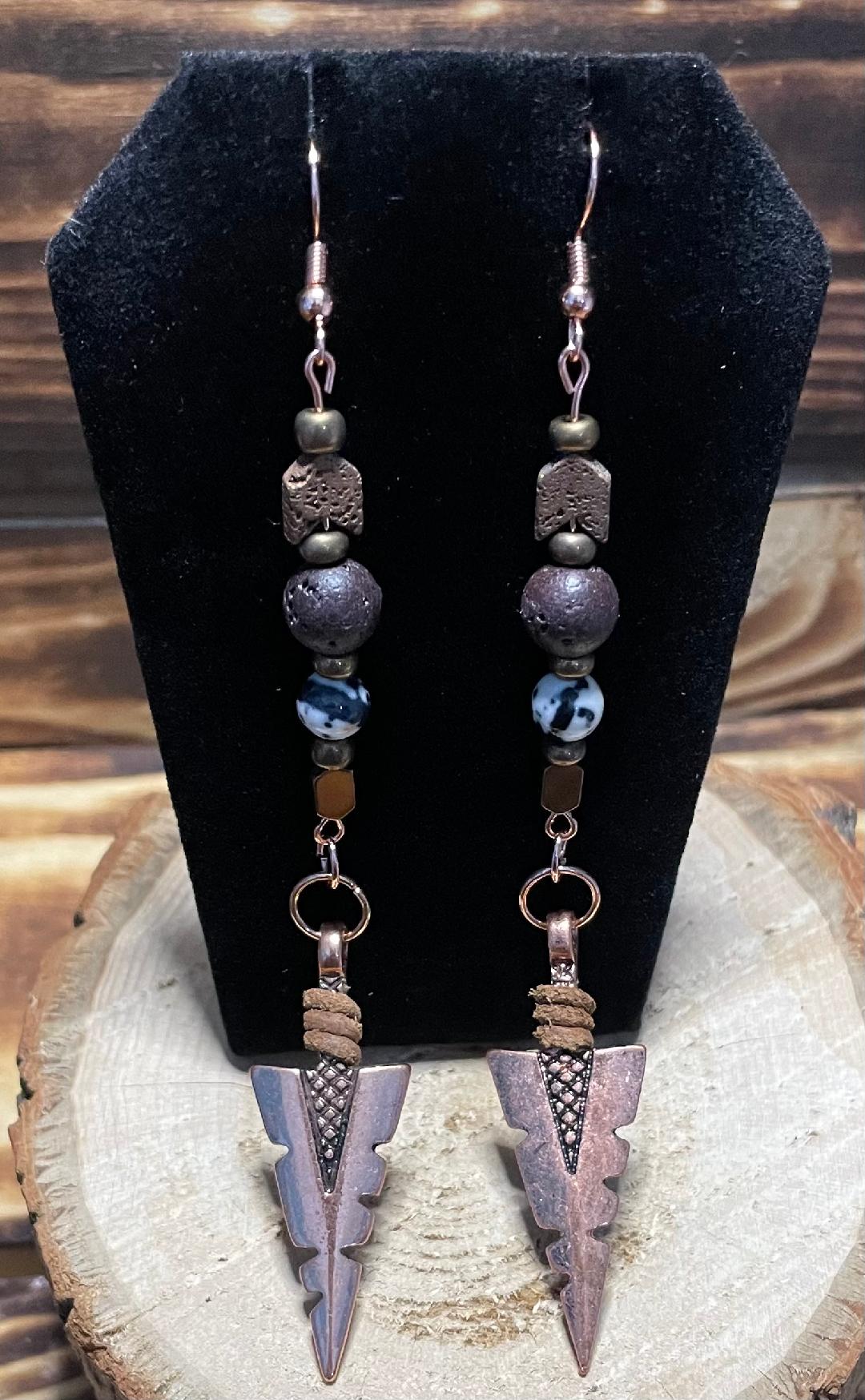 NEW Rose Gold Arrowhead Earrings w/ Granite & Lava Stone Beads