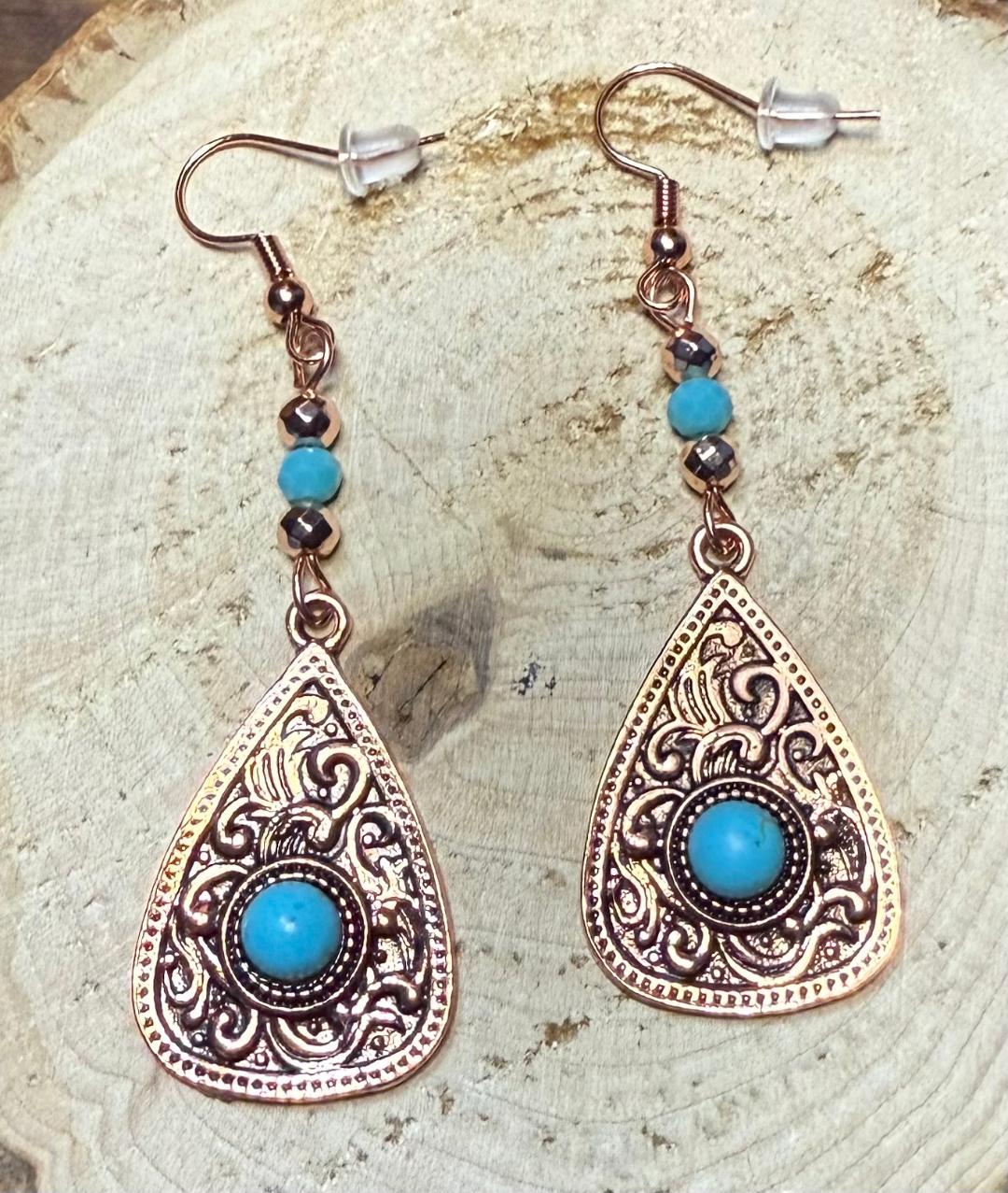 NEW Etched Rose Gold Teardrop Earrings w/ Turquoise Green Beads