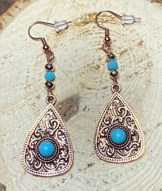 NEW Etched Rose Gold Teardrop Earrings w/ Turquoise Green Beads