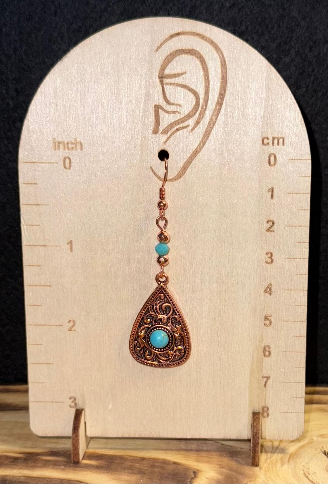 NEW Etched Rose Gold Teardrop Earrings w/ Turquoise Green Beads