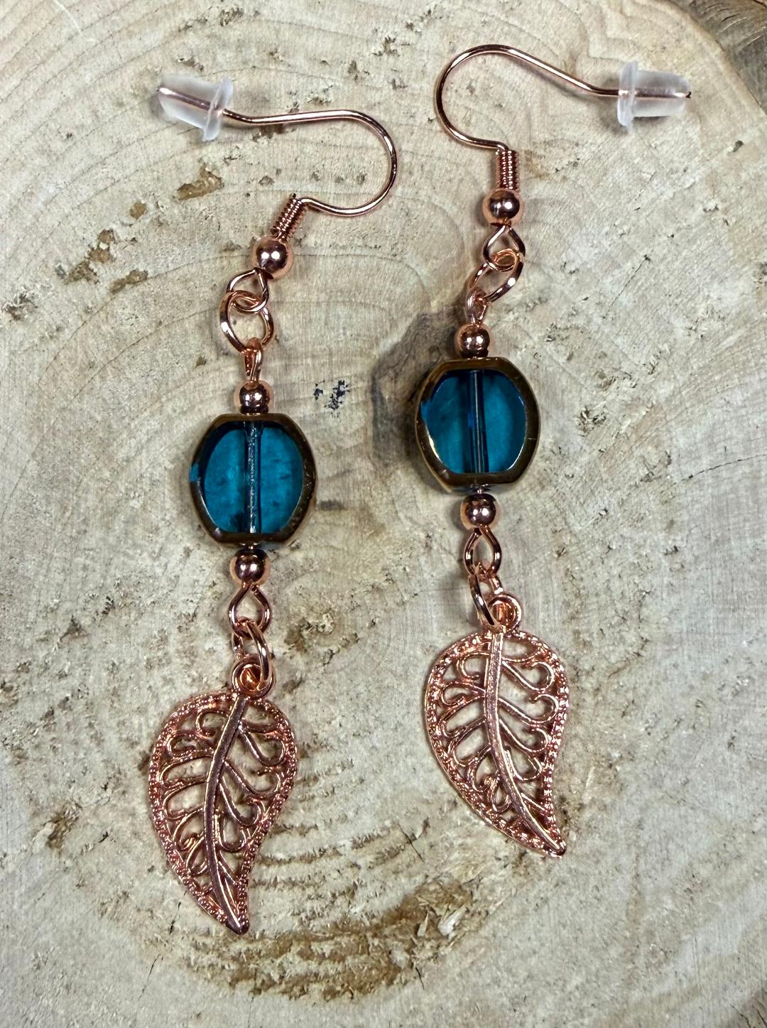 NEW Rose Gold Filigree Leaf Earrings w/ Teal Blue Glass Beads
