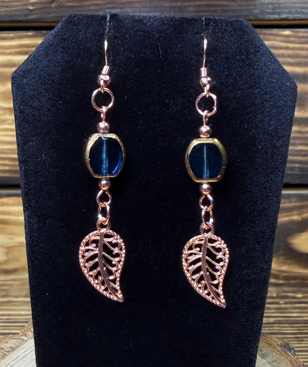 NEW Rose Gold Filigree Leaf Earrings w/ Teal Blue Glass Beads