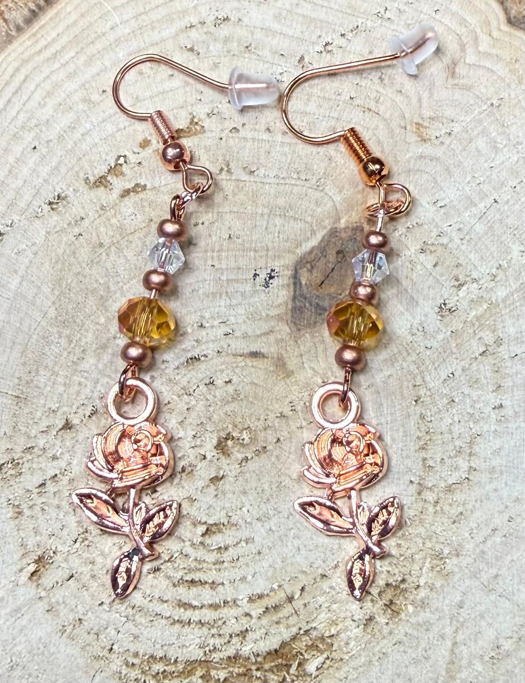 NEW Rose Gold Flower Earrings w/ Amber & Clear Glass Beads