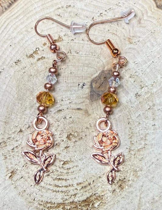 NEW Rose Gold Flower Earrings w/ Amber & Clear Glass Beads