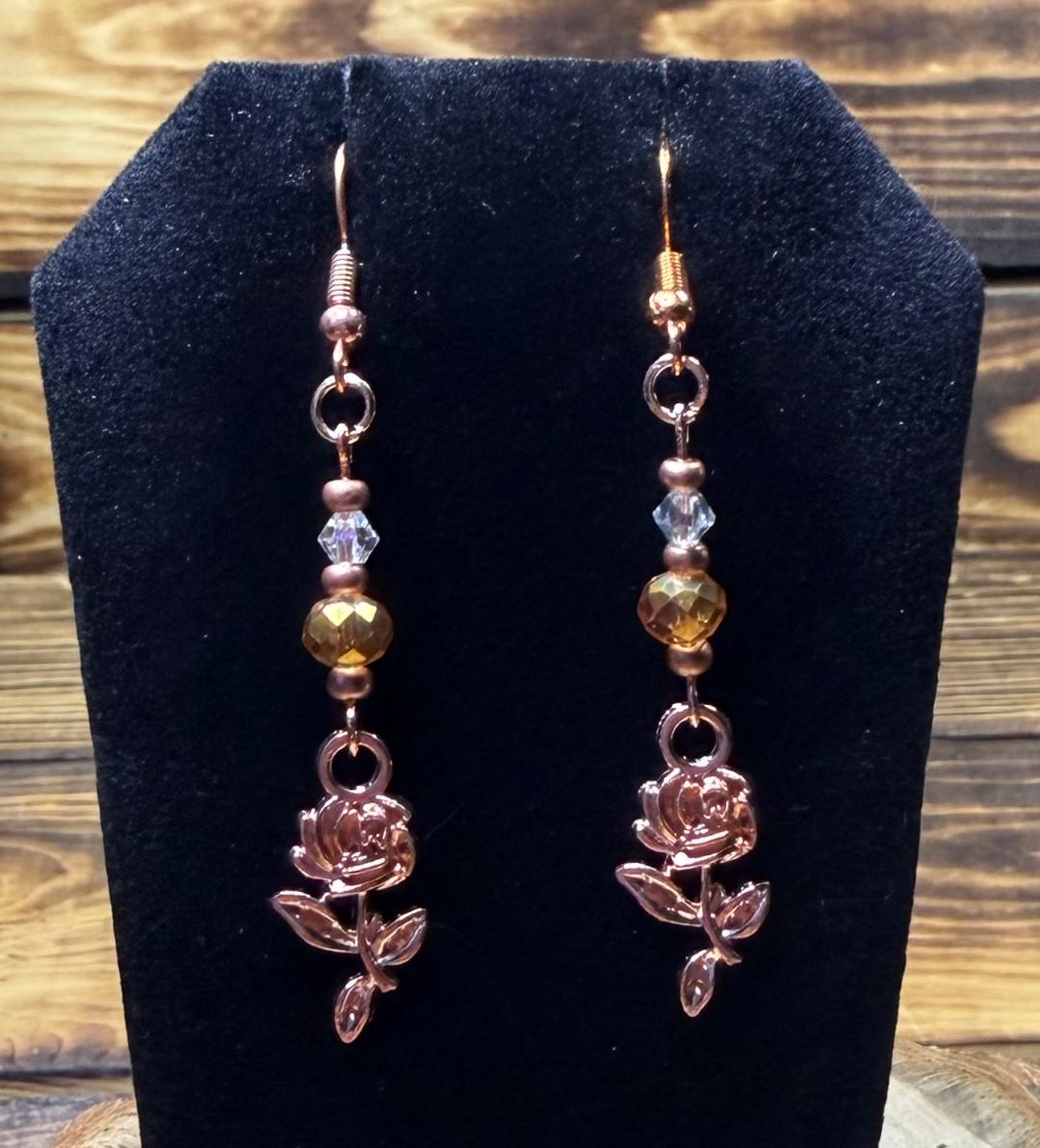 NEW Rose Gold Flower Earrings w/ Amber & Clear Glass Beads