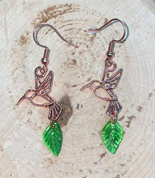 NEW Rose Gold Hummingbird Green Leaf Drop Dangle Earrings