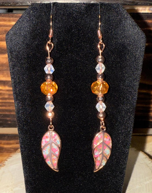 NEW Vibrant Boho Rose Gold Leaf Charm & Faceted Bead Earrings