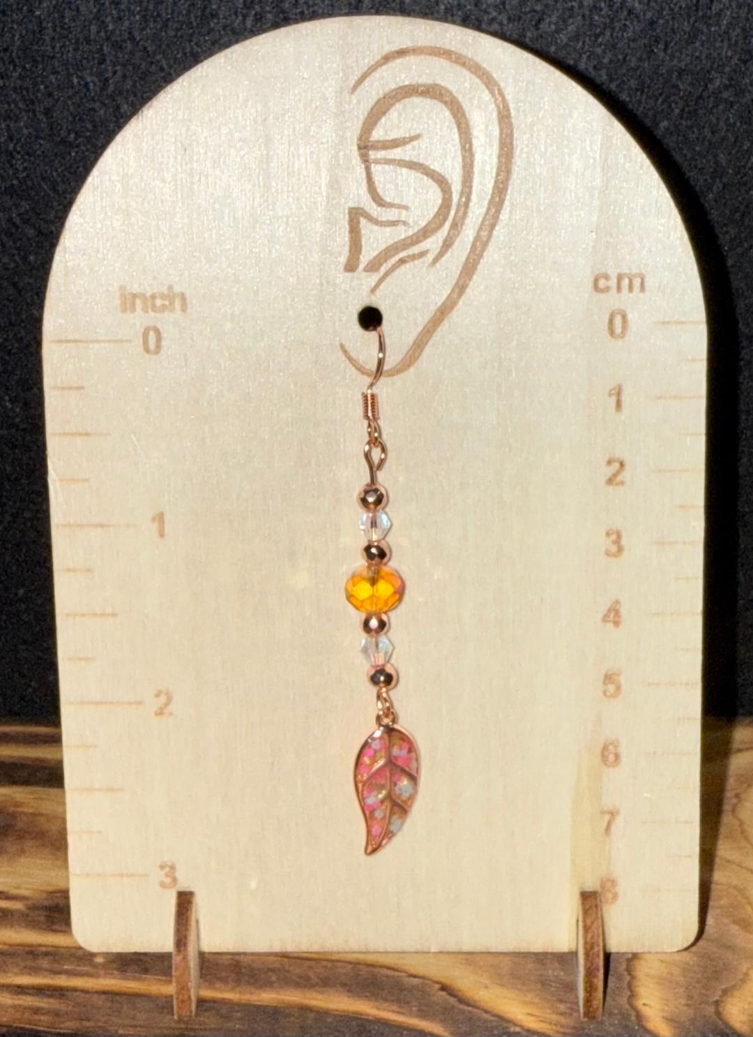 NEW Vibrant Boho Rose Gold Leaf Charm & Faceted Bead Earrings