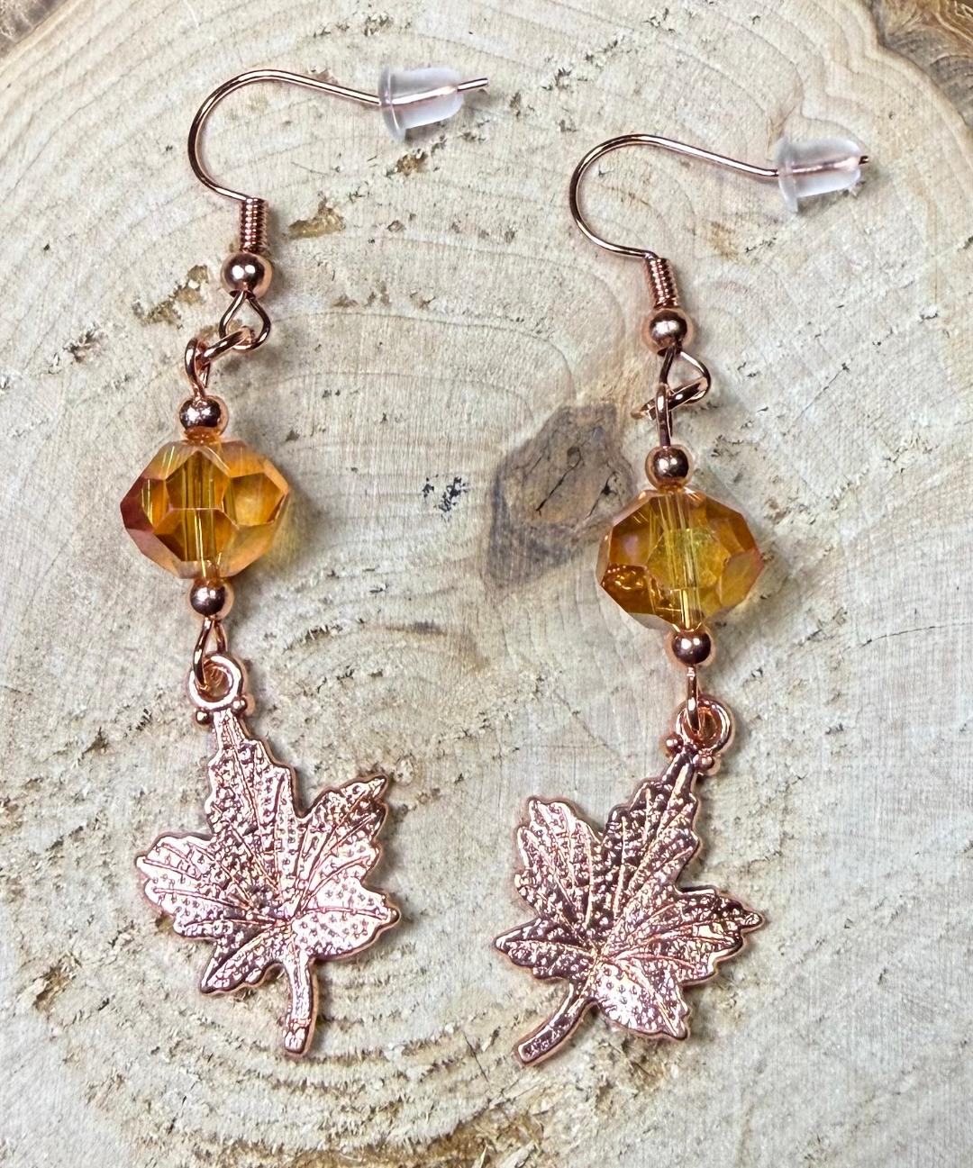 NEW Double Sided Rose Gold Maple Leaf Earrings w/ Amber Glass Beads
