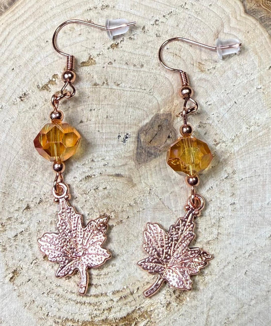 NEW Double Sided Rose Gold Maple Leaf Earrings w/ Amber Glass Beads