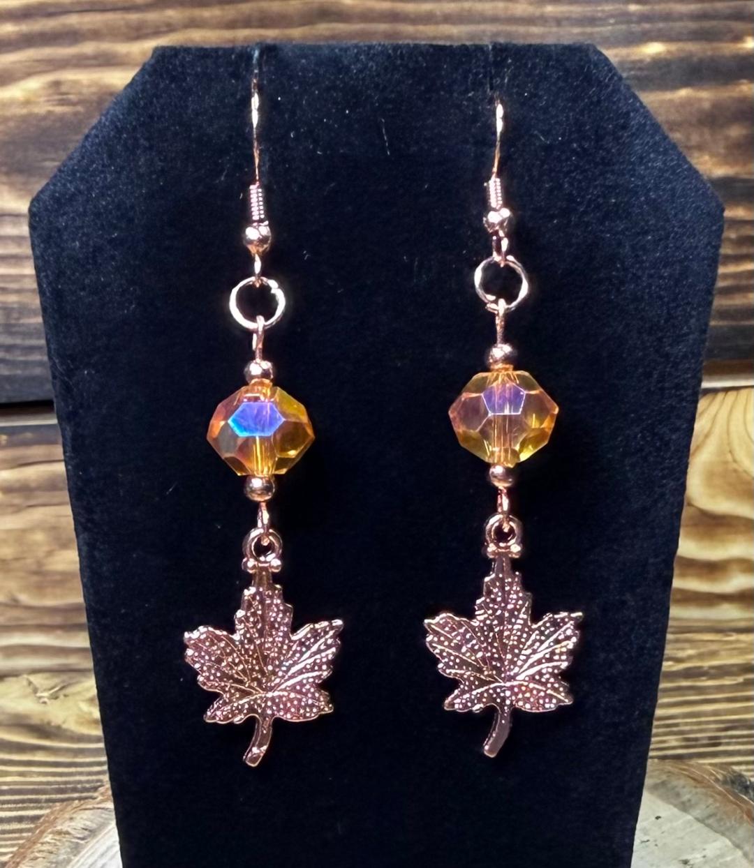 NEW Double Sided Rose Gold Maple Leaf Earrings w/ Amber Glass Beads